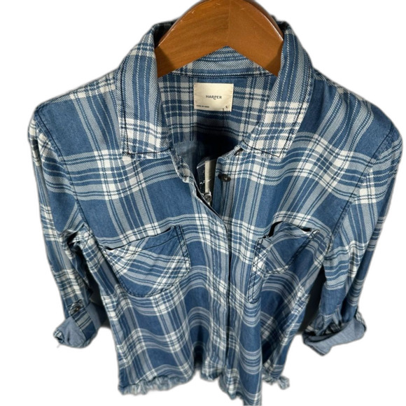 Harper For Francesca's Blue Plaid Chambray Button-Up Shirt NWT Size Small Casual - Picture 14 of 16